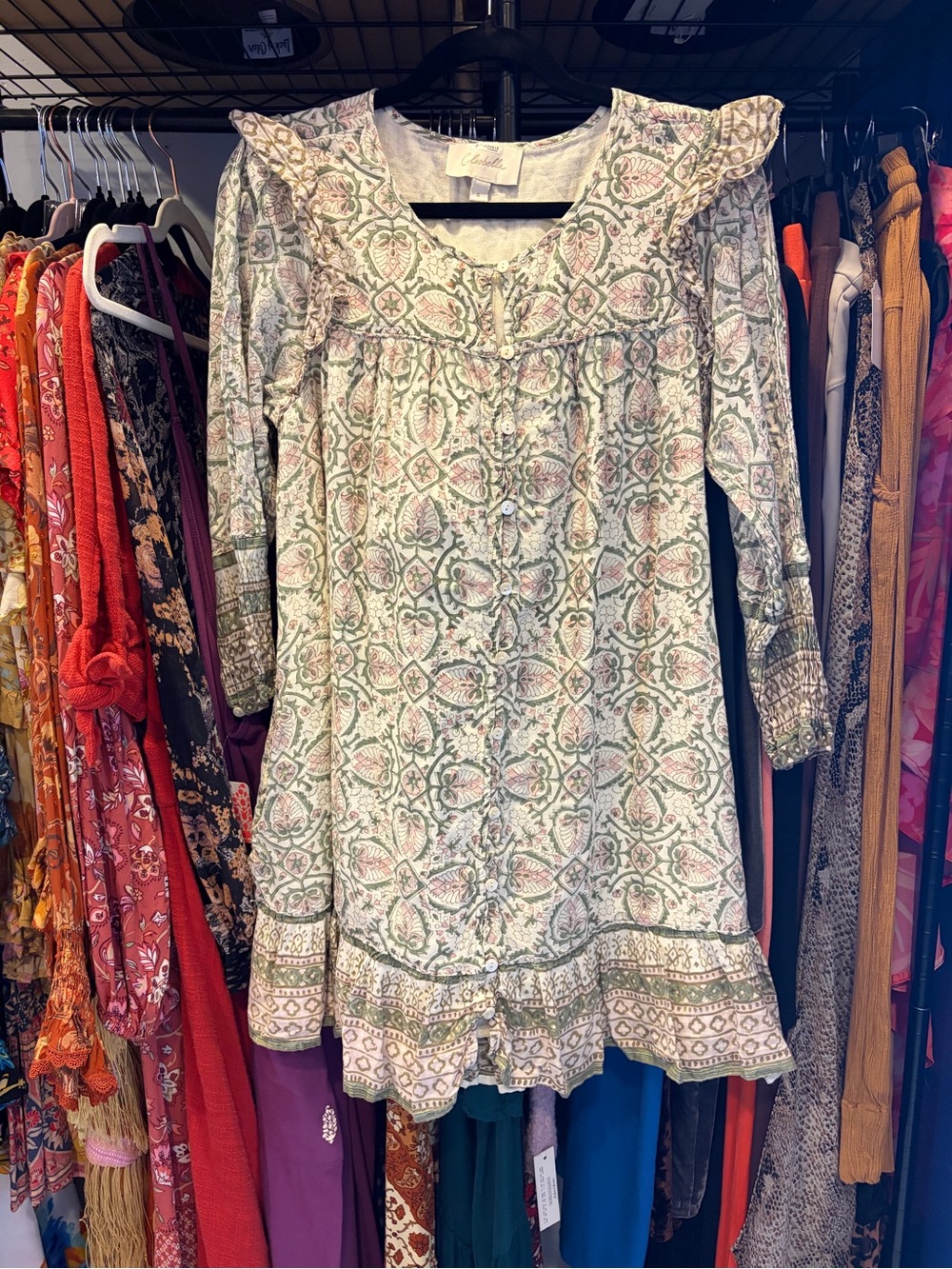 Cleobella Sage and Cream Floral Ruffle Dress
